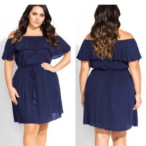 City Chic Blue Off Shoulder Drawstring Waist Midi Dress Size 22 .
